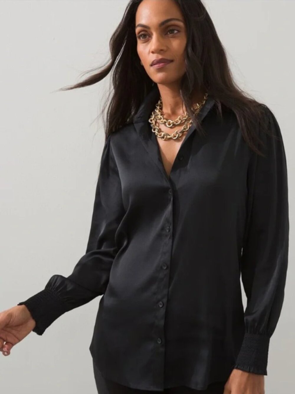 Chico's Black Satin Smocked Cuff Blouse Size 1 (8)